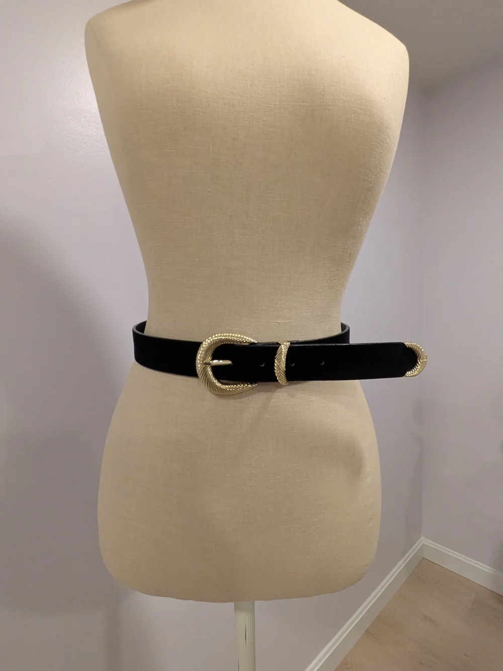 H&M Black Suede Belt with Textured Gold Buckle